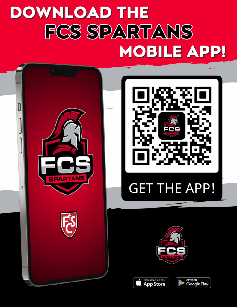 Download the FCS Spartans mobile app! QR code for FCS Spartans athletics app. Available on App Store and Google Play.